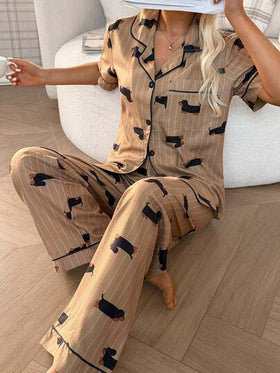 SHEIN Napfluff طقم بيجامة نسائية قصير الأكمام مزين بطبعات حيوانية، أزرار أمامية وجيوب، ملابس منزلية مريحة
