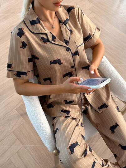SHEIN Napfluff طقم بيجامة نسائية قصير الأكمام مزين بطبعات حيوانية، أزرار أمامية وجيوب، ملابس منزلية مريحة