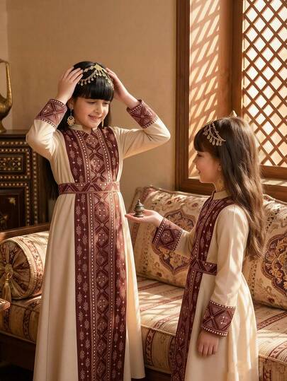 رمضان فستان أنيق بأكمام طويلة مطبوع بطبعة الزهور البنفسجية للفتيات الصغيرات، مناسب للربيع والخريف والصيف وشهر رمضان