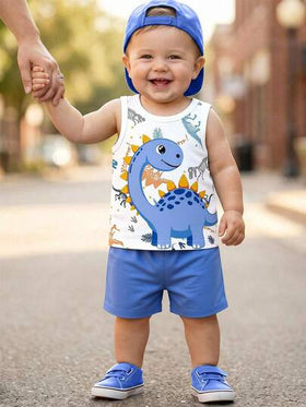 SHEIN Playful Pals مجموعة ملابس عادية للأطفال الصبية، ملابس علوية علوي مطبوع بطبعة ديناصور جميلة مع شورت أزرق، مناسب للارتداء في الخارج صيفًا، 2 قطعة
