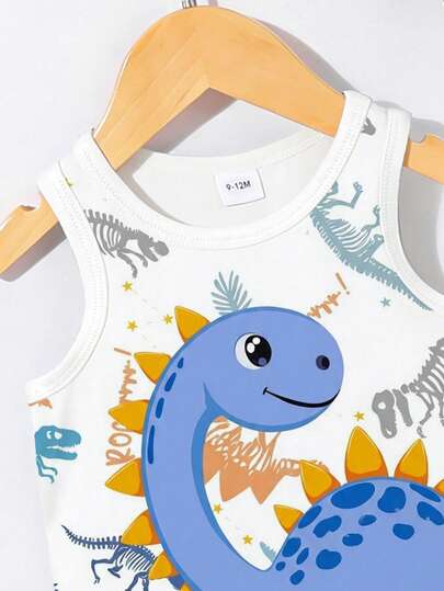 SHEIN Playful Pals مجموعة ملابس عادية للأطفال الصبية، ملابس علوية علوي مطبوع بطبعة ديناصور جميلة مع شورت أزرق، مناسب للارتداء في الخارج صيفًا، 2 قطعة