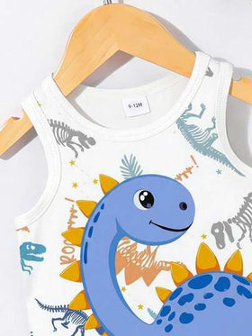 SHEIN Playful Pals مجموعة ملابس عادية للأطفال الصبية، ملابس علوية علوي مطبوع بطبعة ديناصور جميلة مع شورت أزرق، مناسب للارتداء في الخارج صيفًا، 2 قطعة