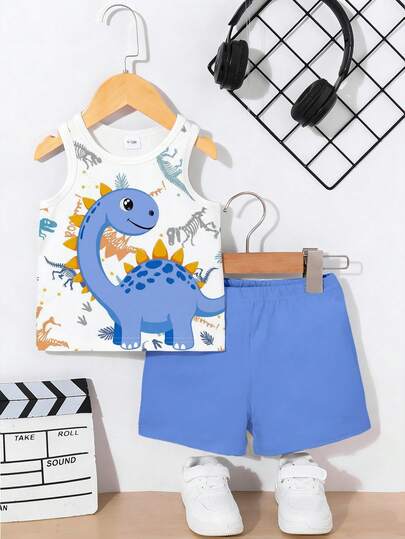 SHEIN Playful Pals مجموعة ملابس عادية للأطفال الصبية، ملابس علوية علوي مطبوع بطبعة ديناصور جميلة مع شورت أزرق، مناسب للارتداء في الخارج صيفًا، 2 قطعة