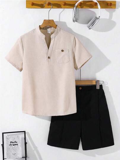 SHEIN طقم قميص وشورت كاجوال بياقة V للمراهقين، قصير الأكمام، مريح، عصري، متعدد الاستخدامات، قماش ناعم، مناسب للارتداء اليومي، المدرسة، الخروجات، مهرجانات الموسيقى، العطلات، عطلات الشاطئ، الصيف، الربيع/الصيف