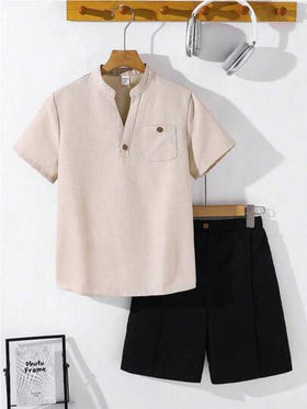 SHEIN طقم قميص وشورت كاجوال بياقة V للمراهقين، قصير الأكمام، مريح، عصري، متعدد الاستخدامات، قماش ناعم، مناسب للارتداء اليومي، المدرسة، الخروجات، مهرجانات الموسيقى، العطلات، عطلات الشاطئ، الصيف، الربيع/الصيف