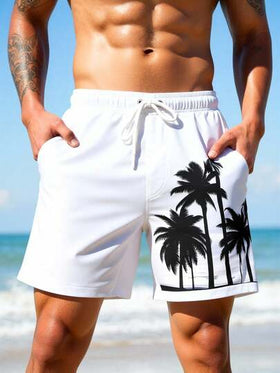 Manfinity Swimmode شورت شاطئ للرجال بخصر مرن مطبوع بأشجار النخيل وجيوب