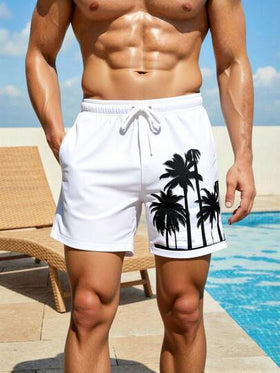 Manfinity Swimmode شورت شاطئ للرجال بخصر مرن مطبوع بأشجار النخيل وجيوب
