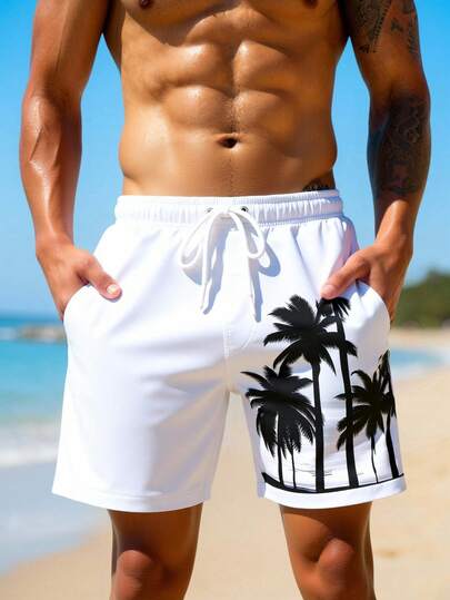 Manfinity Swimmode شورت شاطئ للرجال بخصر مرن مطبوع بأشجار النخيل وجيوب
