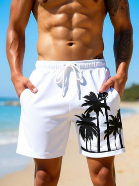 Manfinity Swimmode شورت شاطئ للرجال بخصر مرن مطبوع بأشجار النخيل وجيوب