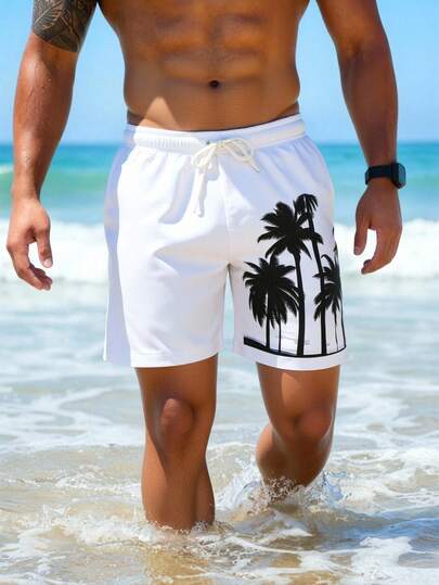 Manfinity Swimmode شورت شاطئ للرجال بخصر مرن مطبوع بأشجار النخيل وجيوب