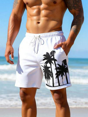 Manfinity Swimmode شورت شاطئ للرجال بخصر مرن مطبوع بأشجار النخيل وجيوب