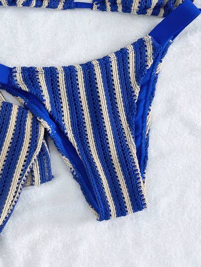 3 قطع مجموعة بكيني مضلع محبك - ملابس علوية مثلث + سروال خصر منخفض + بنطلون ساق واسعة قابل للتعديل | ملابس سباحة عطلة شاطئية عتيقة