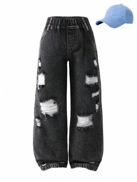 SHEIN Sparklyn بنطلون جينز واسع الساق مخرم بخصر مطاطي مناسب للبنات الصغيرات، مناسب للارتداء اليومي في الربيع والصيف والخريف والشتاء، للخروج والسفر والحفلات