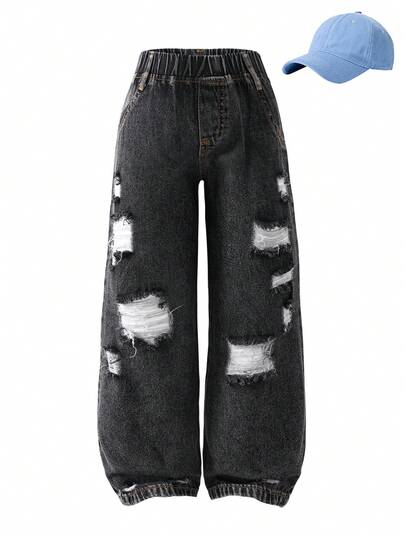 SHEIN Sparklyn بنطلون جينز واسع الساق مخرم بخصر مطاطي مناسب للبنات الصغيرات، مناسب للارتداء اليومي في الربيع والصيف والخريف والشتاء، للخروج والسفر والحفلات