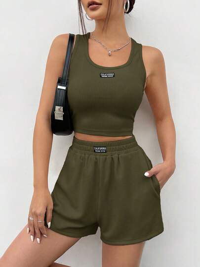 SHEIN EZwear مجموعة ملابس علوية كاجوال رياضي للنساء بدون أكمام من الأكريليك الأخضر الزيتوني، صيفي