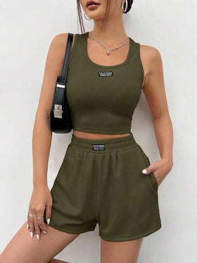 SHEIN EZwear مجموعة ملابس علوية كاجوال رياضي للنساء بدون أكمام من الأكريليك الأخضر الزيتوني، صيفي