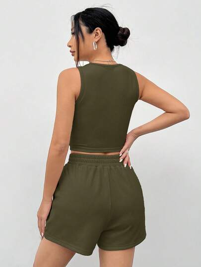 SHEIN EZwear مجموعة ملابس علوية كاجوال رياضي للنساء بدون أكمام من الأكريليك الأخضر الزيتوني، صيفي