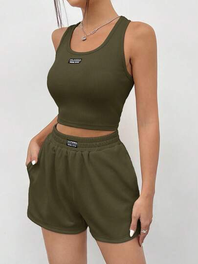 SHEIN EZwear مجموعة ملابس علوية كاجوال رياضي للنساء بدون أكمام من الأكريليك الأخضر الزيتوني، صيفي
