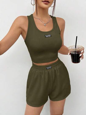 SHEIN EZwear مجموعة ملابس علوية كاجوال رياضي للنساء بدون أكمام من الأكريليك الأخضر الزيتوني، صيفي