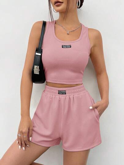 SHEIN EZwear مجموعة ملابس علوية رياضي كاجوال بلا أكمام من الأكريليك الوردي، صيفي