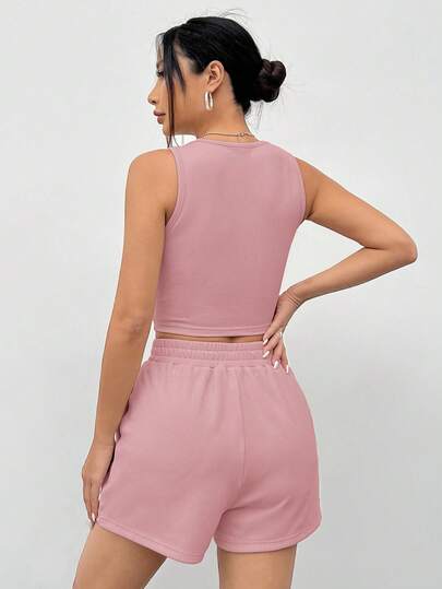 SHEIN EZwear مجموعة ملابس علوية رياضي كاجوال بلا أكمام من الأكريليك الوردي، صيفي
