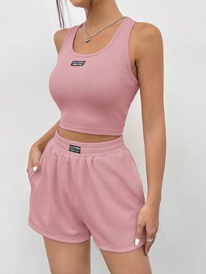 SHEIN EZwear مجموعة ملابس علوية رياضي كاجوال بلا أكمام من الأكريليك الوردي، صيفي