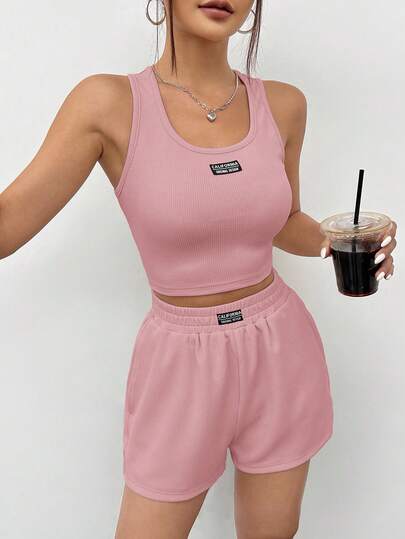 SHEIN EZwear مجموعة ملابس علوية رياضي كاجوال بلا أكمام من الأكريليك الوردي، صيفي