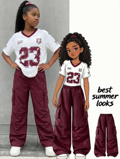 SHEIN ChillGRL مجموعة بنطلون كارجو وتي شيرت بأكمام راجلان مع رسومات للبنات المراهقات، HYPEME بنات المراهقات قطعتان