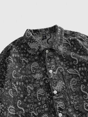ROMWE MEN Grunge Punk قميص جينز بأكمام قصيرة مطبوع بتصميم بسيط للرجال