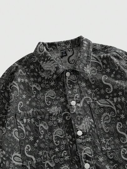 ROMWE MEN Grunge Punk قميص جينز بأكمام قصيرة مطبوع بتصميم بسيط للرجال