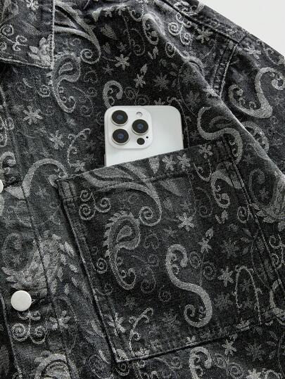 ROMWE MEN Grunge Punk قميص جينز بأكمام قصيرة مطبوع بتصميم بسيط للرجال