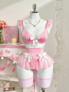 PetitDoll 5 قطع/مجموعة ملابس داخلية مثيرة مجموعة من الدانتيل والرقع: حمالة صدر + سروال داخلي + تنورة بخصر مكشكش + جوربين، لعيد الحب