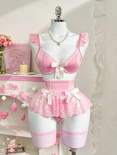 PetitDoll 5 قطع/مجموعة ملابس داخلية مثيرة مجموعة من الدانتيل والرقع: حمالة صدر + سروال داخلي + تنورة بخصر مكشكش + جوربين، لعيد الحب
