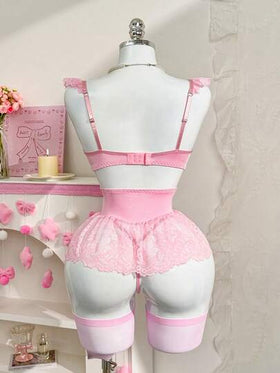PetitDoll 5 قطع/مجموعة ملابس داخلية مثيرة مجموعة من الدانتيل والرقع: حمالة صدر + سروال داخلي + تنورة بخصر مكشكش + جوربين، لعيد الحب
