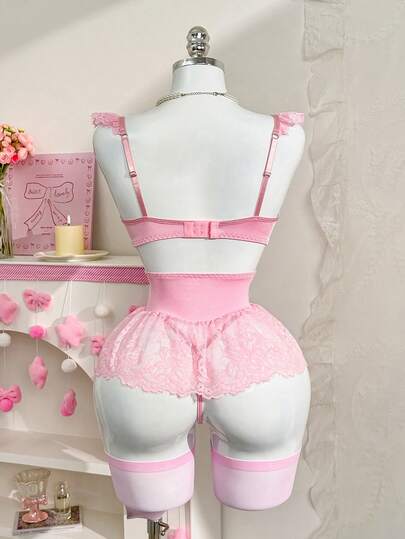 PetitDoll 5 قطع/مجموعة ملابس داخلية مثيرة مجموعة من الدانتيل والرقع: حمالة صدر + سروال داخلي + تنورة بخصر مكشكش + جوربين، لعيد الحب