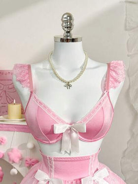 PetitDoll 5 قطع/مجموعة ملابس داخلية مثيرة مجموعة من الدانتيل والرقع: حمالة صدر + سروال داخلي + تنورة بخصر مكشكش + جوربين، لعيد الحب