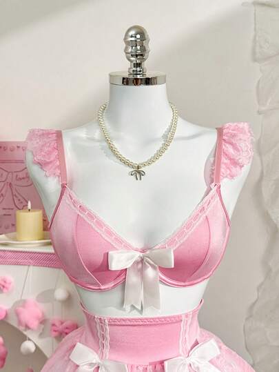 PetitDoll 5 قطع/مجموعة ملابس داخلية مثيرة مجموعة من الدانتيل والرقع: حمالة صدر + سروال داخلي + تنورة بخصر مكشكش + جوربين، لعيد الحب