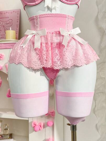 PetitDoll 5 قطع/مجموعة ملابس داخلية مثيرة مجموعة من الدانتيل والرقع: حمالة صدر + سروال داخلي + تنورة بخصر مكشكش + جوربين، لعيد الحب