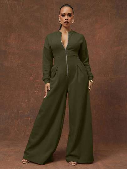 Vixey بدلة قطعة واحدة بأكمام طويلة وساق واسعة من الفليس الثقيل باللون الرمادي الفاتح