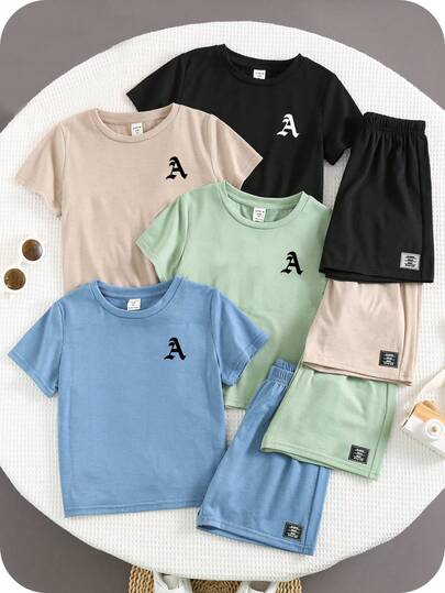 SHEIN 8 قطعة/مجموعة مجموعة قميص وشورت قصير الأكمام مريحة وعملية للأولاد، بطباعة حرفية، مناسبة للربيع/الصيف، للارتداء اليومي، للرياضة، للخروجات، للمدرسة، للتجمعات، للعطلات، للتصوير الفوتوغرافي، للعودة إلى المدرسة