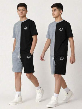 SHEIN مجموعة قميص وشورت كاجوال مطبوع للمراهقين الذكور، قميص كم قصير رقبة طاقم وشورت خفيف الوزن، مريح ومتعدد الاستخدامات للارتداء اليومي، المدرسة، الخروجات، الأنشطة الخارجية، مهرجانات الموسيقى، العطلات، عطلات الشاطئ، الصيف، قطعتان/مجموعة