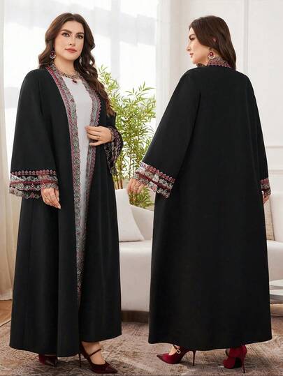 Al Najma رمضان عباءة عربية سوداء فضفاضة طويلة الأكمام مطرزة بشكل أنيق وفاخر مقاس كبير الحجم للنساء
