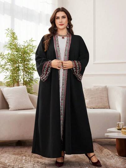 Al Najma رمضان عباءة عربية سوداء فضفاضة طويلة الأكمام مطرزة بشكل أنيق وفاخر مقاس كبير الحجم للنساء