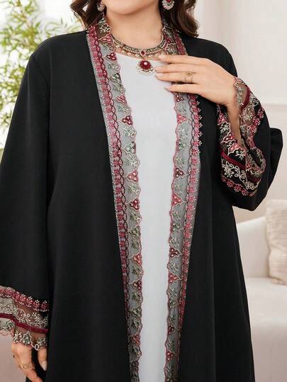 Al Najma رمضان عباءة عربية سوداء فضفاضة طويلة الأكمام مطرزة بشكل أنيق وفاخر مقاس كبير الحجم للنساء