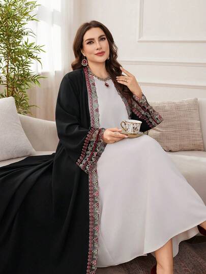 Al Najma رمضان عباءة عربية سوداء فضفاضة طويلة الأكمام مطرزة بشكل أنيق وفاخر مقاس كبير الحجم للنساء