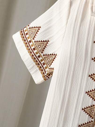 SHEIN رمضان طقم قميص وبنطلون بياقة هندسية مرقعة للأطفال حديثي الولادة/الجنسين من عمر 6 أشهر إلى 3 سنوات، 2 قطعة