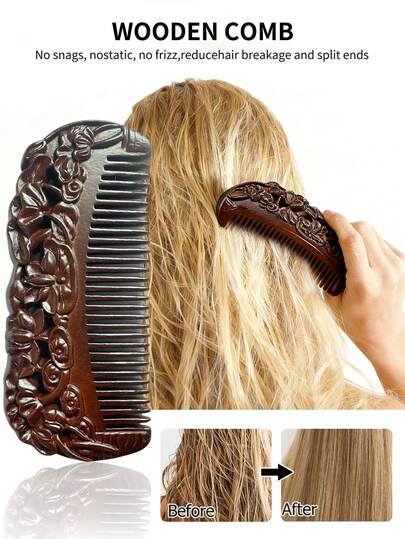 مشط شعر مزخرف من الصندل ثنائي الوجه - خشب طبيعي، مناسب لجميع أنواع الشعر - أداة تصفيف محمولة، تجمع بين الجمال والعناية الشخصية، بدون شعر مقصوص
