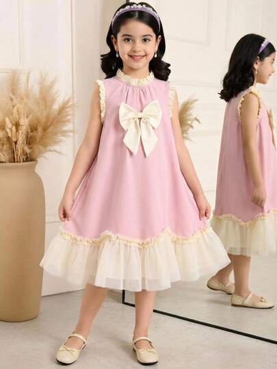 SHEIN Elladie kids فستان بتصميم جميل للفتيات الصغيرات مع ربطة عقدة وكشكشة على الحافة بألوان متباينة
