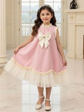 SHEIN Elladie kids فستان بتصميم جميل للفتيات الصغيرات مع ربطة عقدة وكشكشة على الحافة بألوان متباينة