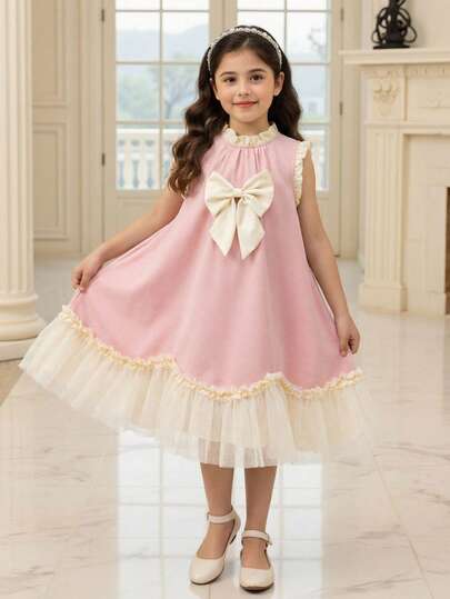 SHEIN Elladie kids فستان بتصميم جميل للفتيات الصغيرات مع ربطة عقدة وكشكشة على الحافة بألوان متباينة